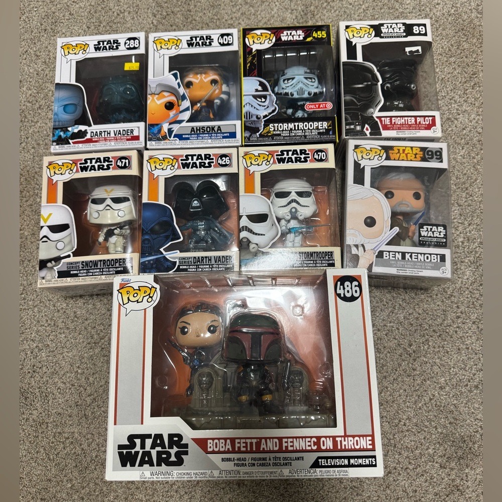 Funko Star Wars Pop! Set with Black, White, Orange, Blue, Brown, Gray Figures